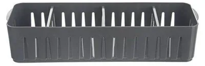 A gray plastic organizer for spice bags.
