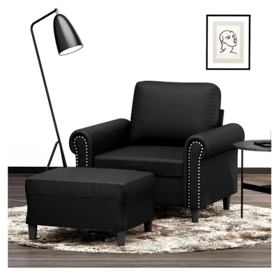 Produktbild von Schwarzer Kunstledersessel mit Hocker, 60 cm breite Sitzfläche, stabiles Metallgestell, bequemer Relaxsessel für Wohnzimmer und Büro