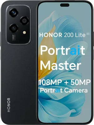 A black HONOR 200 Lite 5G smartphone is shown with a marketing image on its screen.
