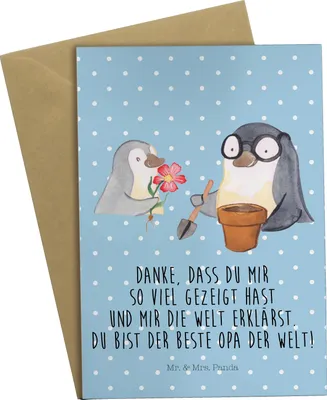 Produktbild von Mr. & Mrs. Panda Glückwunschkarte Pinguin Opa Blumen pflanzen - Blau Pastell - Geschenk, Spruch, weihnachtskarten, einladungskarten, Muttertag, osterkarte, Grußkarten