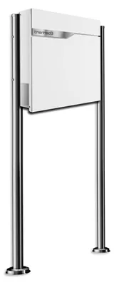 Produktbild von Standbriefkasten mit Zeitungsfach und Edelstahl-Namensschild in Weiß RAL 9016, witterungsbeständig und UV-stabil, inkl. Ständer 120 cm, individuell gravierbar, Maße 37 x 37 x 10,5 cm