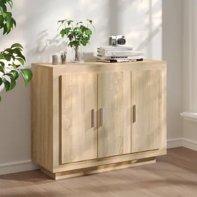 A wooden sideboard in a room with natural light.