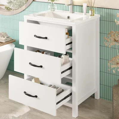 Zdjęcie produktu dla Umywalka z szafką 61 cm, zestaw mebli łazienkowych, wolnostojąca, ceramiczna umywalka i 3 szuflady z cichym domykiem, szafka pod umywalkę, meble łazienkowe, białe