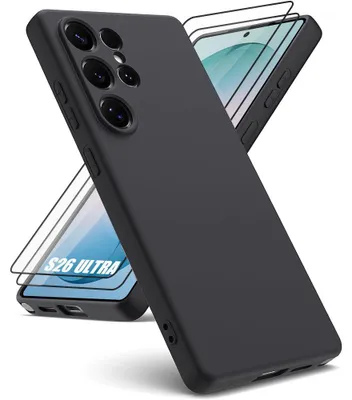 Image de Coque + 2 Verres Trempés pour Samsung Galaxy S26 Ultra, Silicone Liquide Protection Slim Antichoc Anti-Rayures Noir