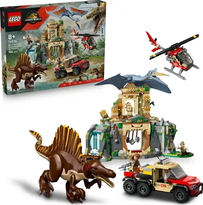 Produktbild von LEGO Jurassic World Spinosaurier & Quetzalcoatlus: Hubschrauber-Einsatz –  2 Spielzeug-Dinosaurier,  Hubschrauber, Lkw und 4 Minifiguren – Geschenk für Jungen und Mädchen ab 8 Jahren – 76976
