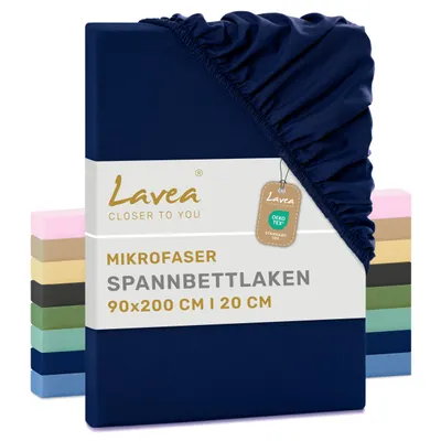 Produktbild von Lavea® 1er Set Spannbettlaken 90x200 cm aus Mikrofaser, Bettlaken mit Rundumgummi, für Matratzen bis 20 cm, atmungsaktiv und kühlend - Navyblau