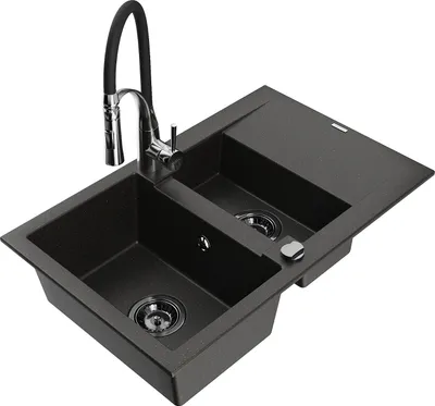 Image de Mexen Gaspar évier en granit 1,5 bac avec égouttoir et mitigeur Aster, noir/or métallisé - 6507-75-73450-07-B