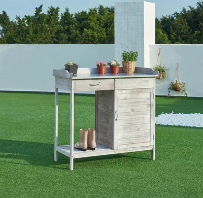 Produktbild von Pflanztisch ‘Aliano’ mit Schrank und verzinkter Arbeitsplatte 98 x 48 x 94 cm Tannenholz Grau