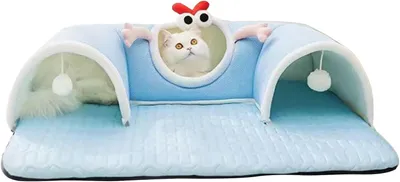 Produktbild von Katzentunnel mit Nest und Schlafmatte als Haustiermöbel und Zubehör | Großes Katzennestbett mit Spieltunnel für Kätzchen, Welpen, Kaninchen und Kleintiere im Sommer und Winter