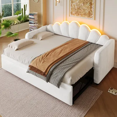 Obrázek produktu pro okwish Čalouněná rozkládací postel 90x200, dětská postel s výsuvným lůžkem, manželská postel s LED osvětlením a opěrkou, bílá (bez matrace)