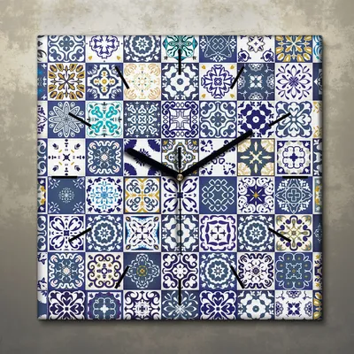Produktbild von Wohnzimmer Leinwand Uhr Geräuschlos Küche 30x30 Portugiesische, Mosaike, Textur, Abstrakt, schwarze Zeiger