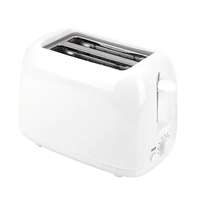 A white toaster is shown against a white background.