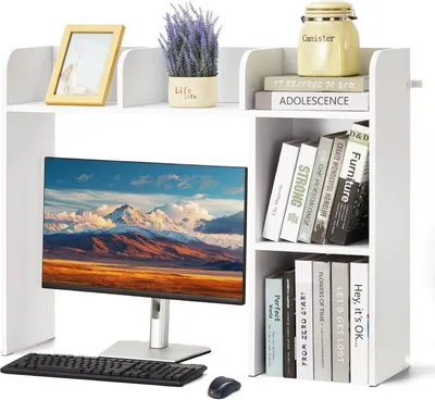 Image de Étagère de bureau et organisateur de table optimisés - Étagère de table à 2 niveaux en panneau de particules blanc - Solution de rangement pour le bureau et la maison