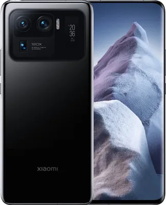 A black Xiaomi Mi 11 Ultra smartphone is shown from the back, with its display showing a landscape image.