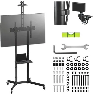 Immagine prodotto di Support mobile per TV Unyqoos® con rotelle, per televisori da 37 a 70 pollici, colore nero (acciaio verniciato a polvere/plastica), standard VESA 100x100–600x400, capacità fino a 45 kg, 2 ripiani regolabili in altezza, sistema di gestione dei cavi