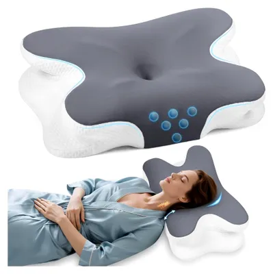 Produktbild von Nackenkissen - Orthopädisches Kopfkissen aus Memory Foam - Ergonomisches Kissen gegen Nackenschmerzen für Seitenschläfer, Rückenschläfer und Bauchschläfer mit Eisseidenbezug (Dunkelgrau)
