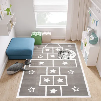 Image de Tapis chambre enfant Chambre adolescent Modern Design Gris Blanc Bleu Etoiles Lune Ours 140 x 200 cm
