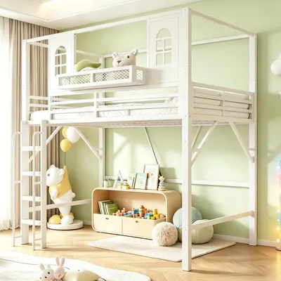 Image de Lit superposé Merax, dimensions 90x200 cm, avec toit, structure métallique, lit pour enfant avec échelle de sécurité, espace de jeu avec fenêtres et étagère, couleur blanche