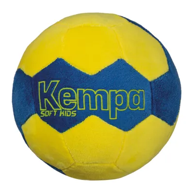 A yellow and blue handball with the brand name Kempa and 'SOFT KIDS' printed on it.