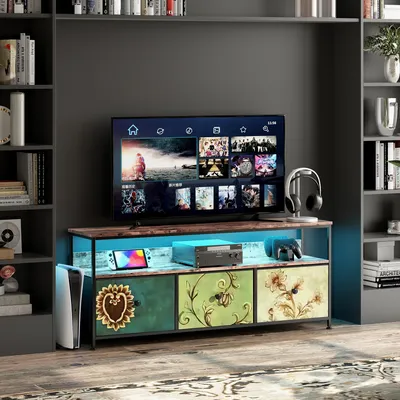 Zdjęcie produktu dla Stojak pod telewizor LED z 3 szufladami, 108 x 30 x 57 cm, stolik/szafka nocna pod telewizor w stylu retro, kolorowe szuflady