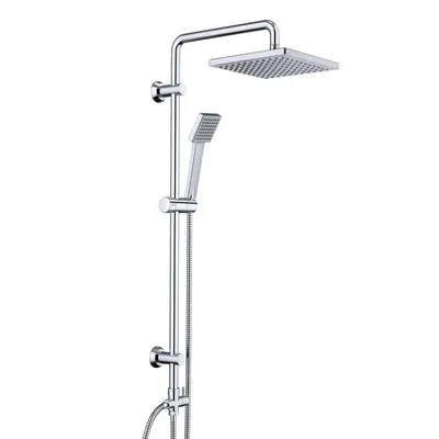 A modern chrome shower system with a square overhead shower head and a handheld shower head on a vertical rail, set against a plain white background.