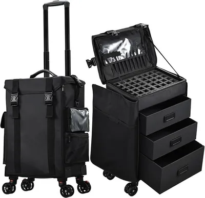 Produktbild von Kosmetikkoffer Make up 4 in 1 Friseurkoffer Nagelkoffer , 3 Schubladen Beauty Case Koffer , Rollen Kosmetik Trolley Multikoffer,Schwarz