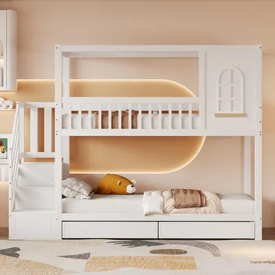 Productafbeelding van Stapelbed voor kinderen, 90x200 cm, wit, van hout, met lades en een veiligheidsladder, geschikt voor kinderkamers