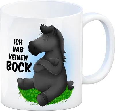 Produktbild von Kaffeebecher mit schwarzes Pferd Motiv und Spruch: Ich hab keinen Bock Tasse