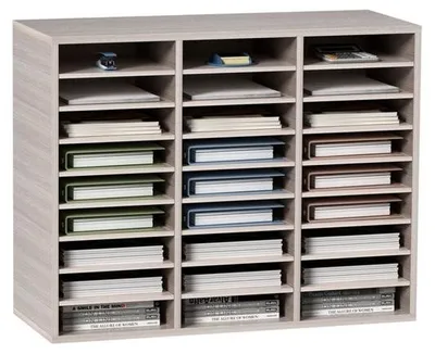 Obrázek produktu pro Dřevěný zásobník na dokumenty s 27 přihrádkami - Nastavitelný zásobník na dopisy - Šedý design pro domácnost i kancelář
