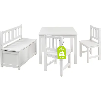 A white wooden children's table with two chairs and a storage bench.