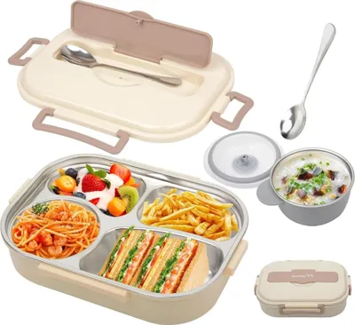Produktbild von Tragbare Lunch Box Mit 4 Fächern und Wiederverwendbaren Schalen und Löffeln,für Büro und Reisen,304 Edelstahl Isolierte Lunchbox 1,5 l