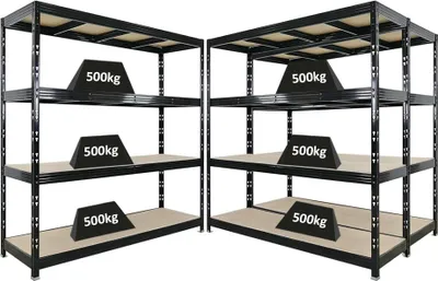 Produktbild von Mega Deal | 3x Profi Schwerlastregal Rhino | HxBxT 200x200x60cm | 4 Spanplatten-Ebenen 8mm | Fachlast 500kg | Schwarz