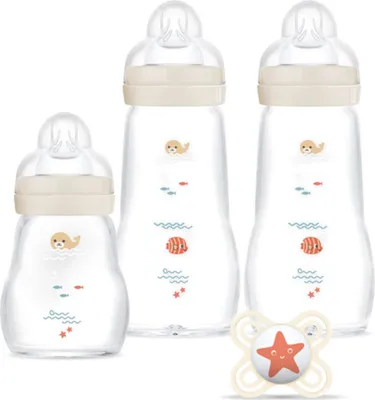 Produktbild von MAM Glasflaschen-Set (3 Glasflaschen + 1 Schnuller) - MAM Hitzebeständige Glasflasche - Glasflasche für Säuglinge ab Geburt und Silikon Schnuller