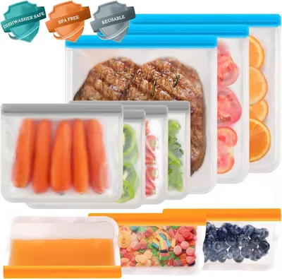 Image de Sacs de congélation réutilisables en silicone - Sans BPA, avec fermeture éclair - Lot de 10 sacs de 3 litres, 1,35 litre et 0,55 litre - Lavables au lave-vaisselle