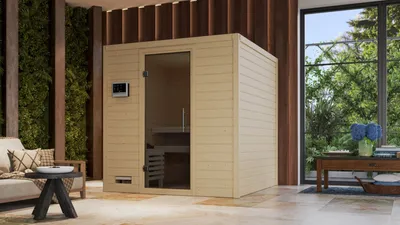 Produktbild von Karibu Sauna Innensauna Mojave Fronteinstieg Ofen 9 kW integr. Strg 196x195x200 cm ohne Dachkranz mit Graphittür
