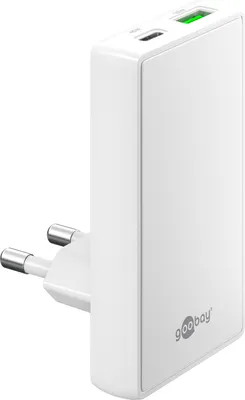 Produktbild von USB-C™ PD GaN Dual-Schnellladegerät 90° Flat (45 W) weiß 1x USB-C™-Anschluss (Power Delivery) und 1x USB-A-Anschluss (Quick Charge)