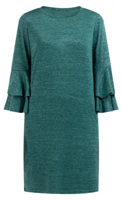 Produktbild von Damenkleid in Grün, Größe L, mit schimmernden Metallicfäden und weiten Volants