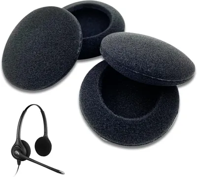 A product shot of black foam ear pads and a black headset.