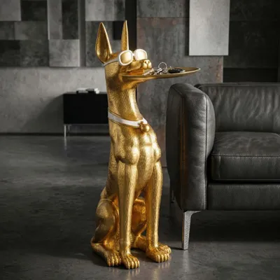 Imagen del producto de Escultura decorativa de perro Pitbull de plástico, con bandeja, de color dorado, dimensiones: 30x64x91 cm