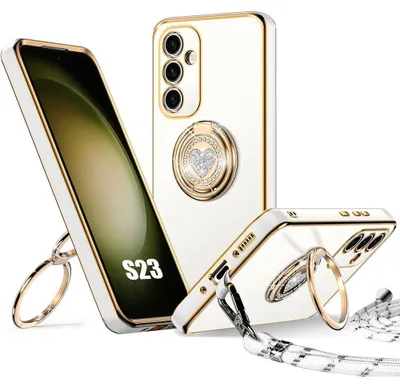 Image de Coque pour Samsung Galaxy S23, Silicone Souple Anti-Rayures avec Anneau Motif Coeur et Cordon - Blanc