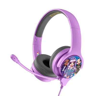 A close-up studio shot of a pair of purple headphones with a microphone.