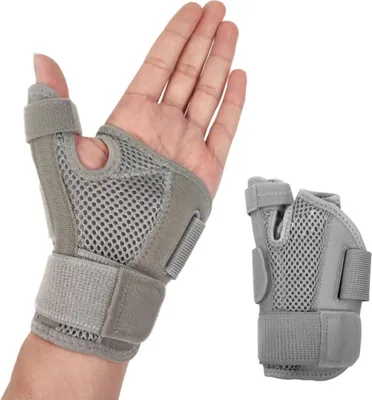 Produktbild von Daumen- und Handgelenkbandage für die linke oder rechte Hand – Schiene bei Karpaltunnelsyndrom, Sehnenscheidenentzündung und Arthritis in Händen oder Fingern, Universalgröße, Daumenstütze bei Arthritis, Sehnenscheidenentzündung, Überlastungsschäden am CMC-Gelenk – Kompressionsbandage für Frauen und Männer (1 Stück) (Universell für links und rechts – Grau)