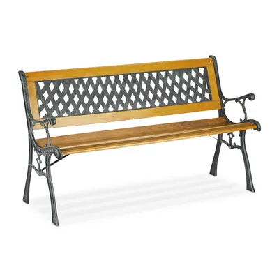 Produktbild von Relaxdays Gartenbank, 2 Sitzer, Holz & Gusseisen, Balkon & Terrasse, rustikale Sitzbank, HxBxT: 73x125x52 cm, natur/grün