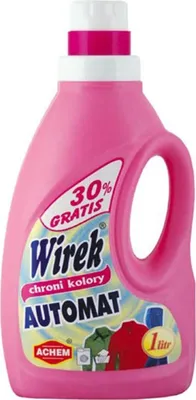 A pink bottle of Wirek laundry detergent with a label showing product information and graphics.