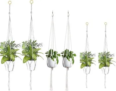 Image de Supports pour plantes en macramé - Lot de 6 pièces en fil de coton pour l'intérieur et l'extérieur - pour plafonds, balcons, décoration murale
