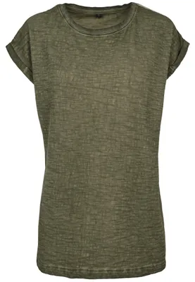 Productafbeelding van Damen T-shirt met lange mouwen, gekleurd met sprayverf - Kleur: Olijfgroen - Maat: S