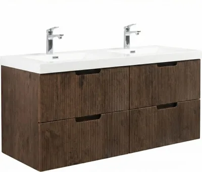Produktbild von Badplaats Badmöbel Set mit Waschbecken und Unterschrank Thermis 140 x 48 cm Walnuss Braun - Waschbeckenunterschrank mit Soft-Close und Doppelwaschbecken, Vorgemontiert