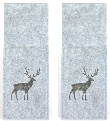 Produktbild von heimtexland ® Tischdeko Filz Landhaus Tischset Bestecktasche Glasuntersetzer Tischdekoration Platzset Besteckhalter Untersetzer Typ847 Hellgrau - Hirsch Bestecktasche 2er Pack