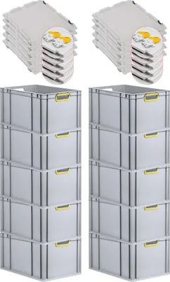 Produktbild von SuperSparSet 10x Eurobox NextGen Color mit Scharnierdeckel und Schiebeschnappverschlüssen | HxBxT 32x40x60cm | 65 Liter | Grau | Griffe gelb offen | Verstärkter Boden | Eurobehälter, Transportbox, Transportbehälter, Stapelbehälter