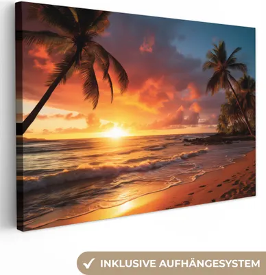 Produktbild von MuchoWow® - Leinwandbilder - Sonnenuntergang - Palmen - Strand - Meer, Wandbild, Wanddeko Bilder Wohnzimmer, 120x80 cm